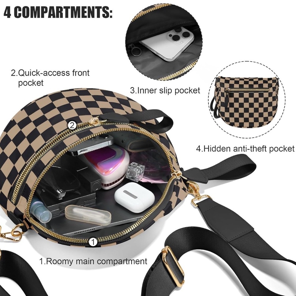 🖤🤎Black Tan Rose Gold Checkerboard Bum Bag Crossbody Sling Bag, Wide Strap, NWOT - Picture 6 of 10